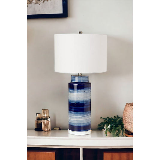 Set of Two 30" Blue And White Swirl Ceramic Table Lamps With White Shade