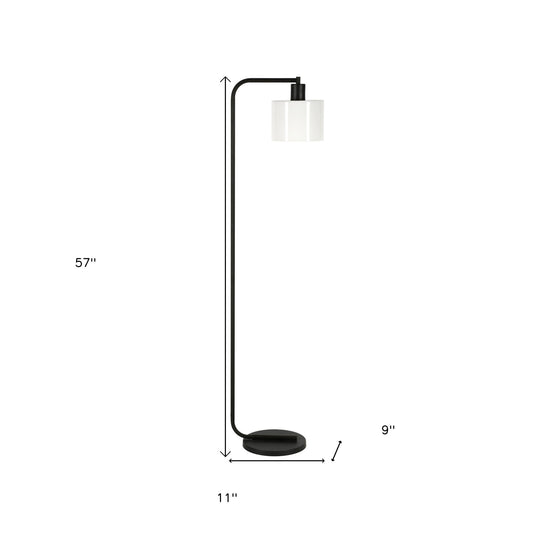 57" Black Arched Floor Lamp With White Frosted Glass Drum Shade