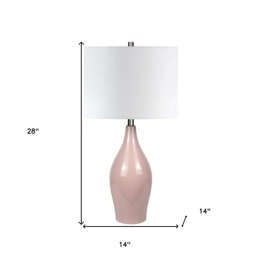 28" Dusty Rose Porcelain Cylinder Table Lamp With White Drum Shade