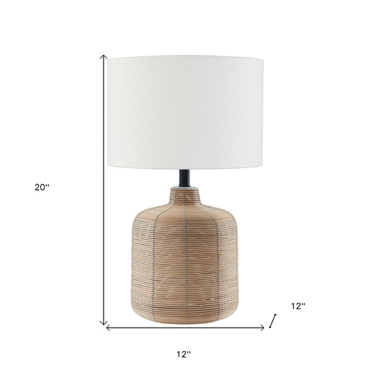 20" Natural Rattan Table Lamp With White Drum Shade