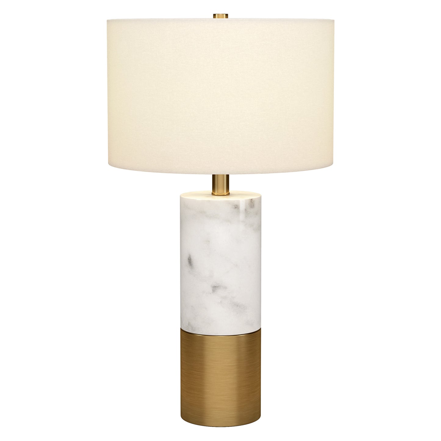 24" White and Gold Marble and Metal Cylinder Table Lamp With White Drum Shade