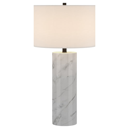 30" White Marble Cylinder Table Lamp With White Drum Shade