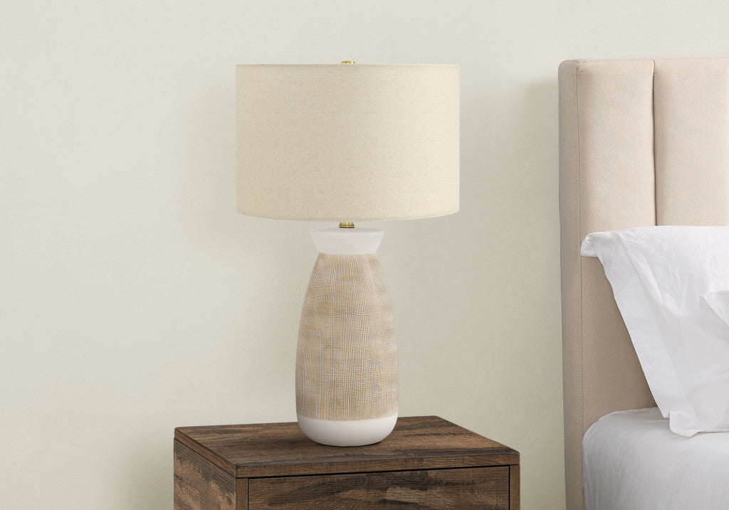 27" Brown and White Ceramic Round Table Lamp With Beige Drum Shade