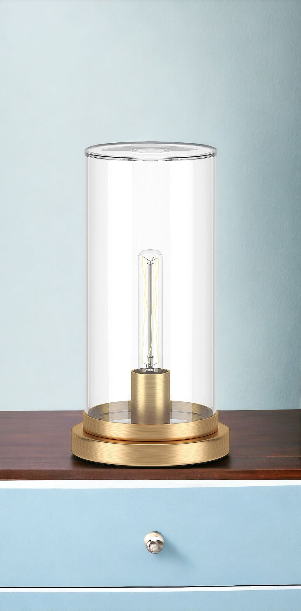13" Gold Metal Table Lamp With Clear Drum Shade