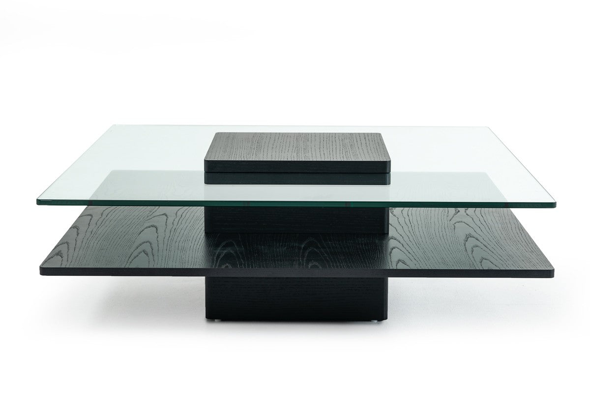 14" Oak Mdf Glass And Veneer Coffee Table