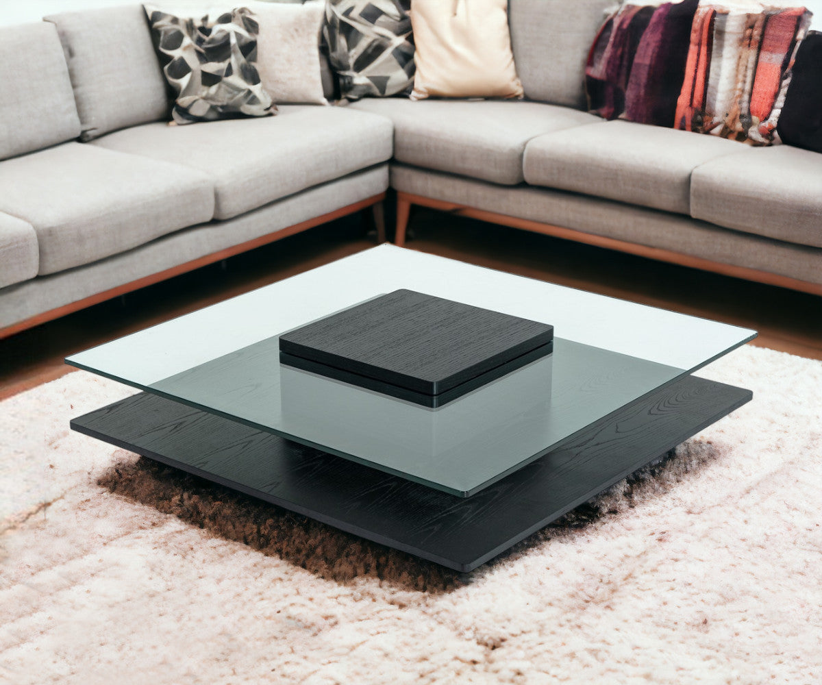 14" Oak Mdf Glass And Veneer Coffee Table