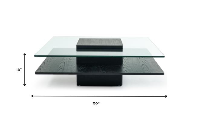 14" Oak Mdf Glass And Veneer Coffee Table