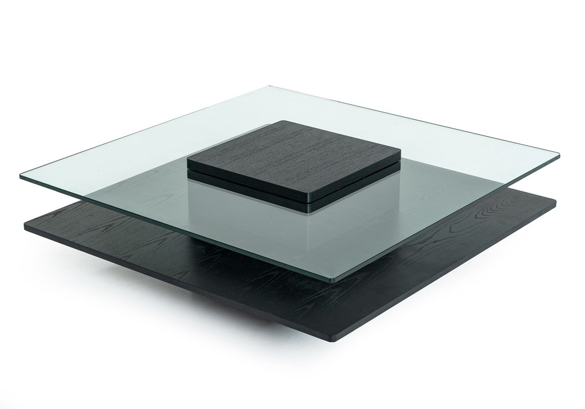 14" Oak Mdf Glass And Veneer Coffee Table