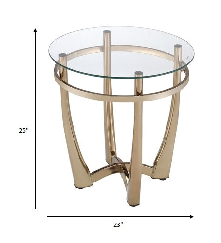 25" Champagne Gold And Clear Glass Round Mirrored End Table