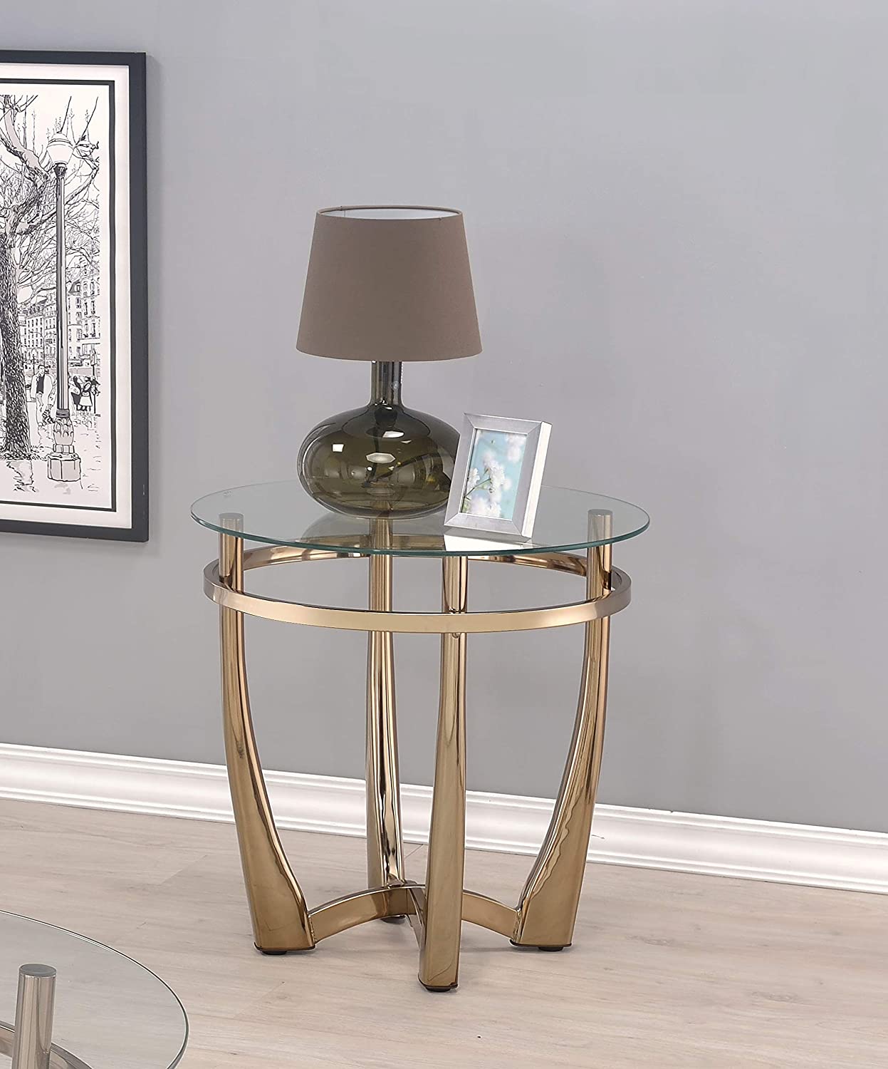 25" Champagne Gold And Clear Glass Round Mirrored End Table