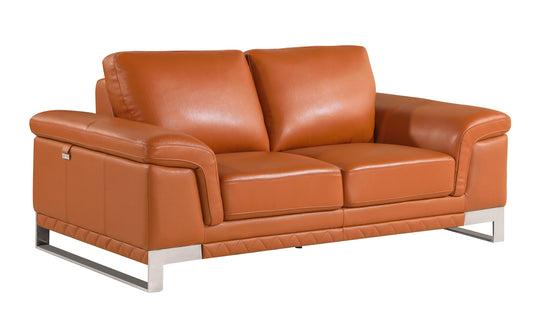 73" Camel And Silver Genuine Leather Love Seat