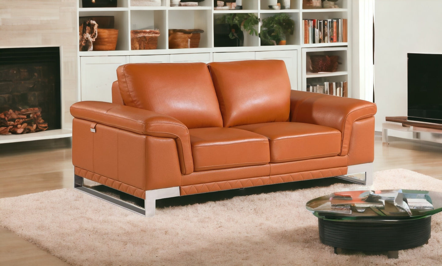 73" Camel And Silver Genuine Leather Love Seat