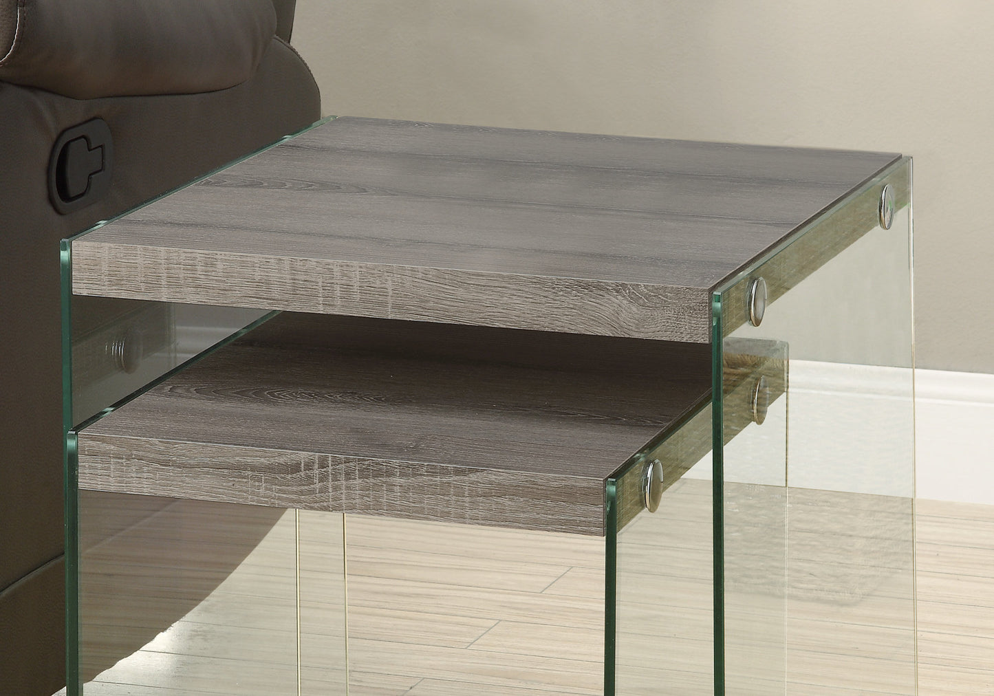 35.5" X 35.5" X 35.5" Dark Taupe Clear Particle Board Tempered Glass 2Pcs Nesting Table Set