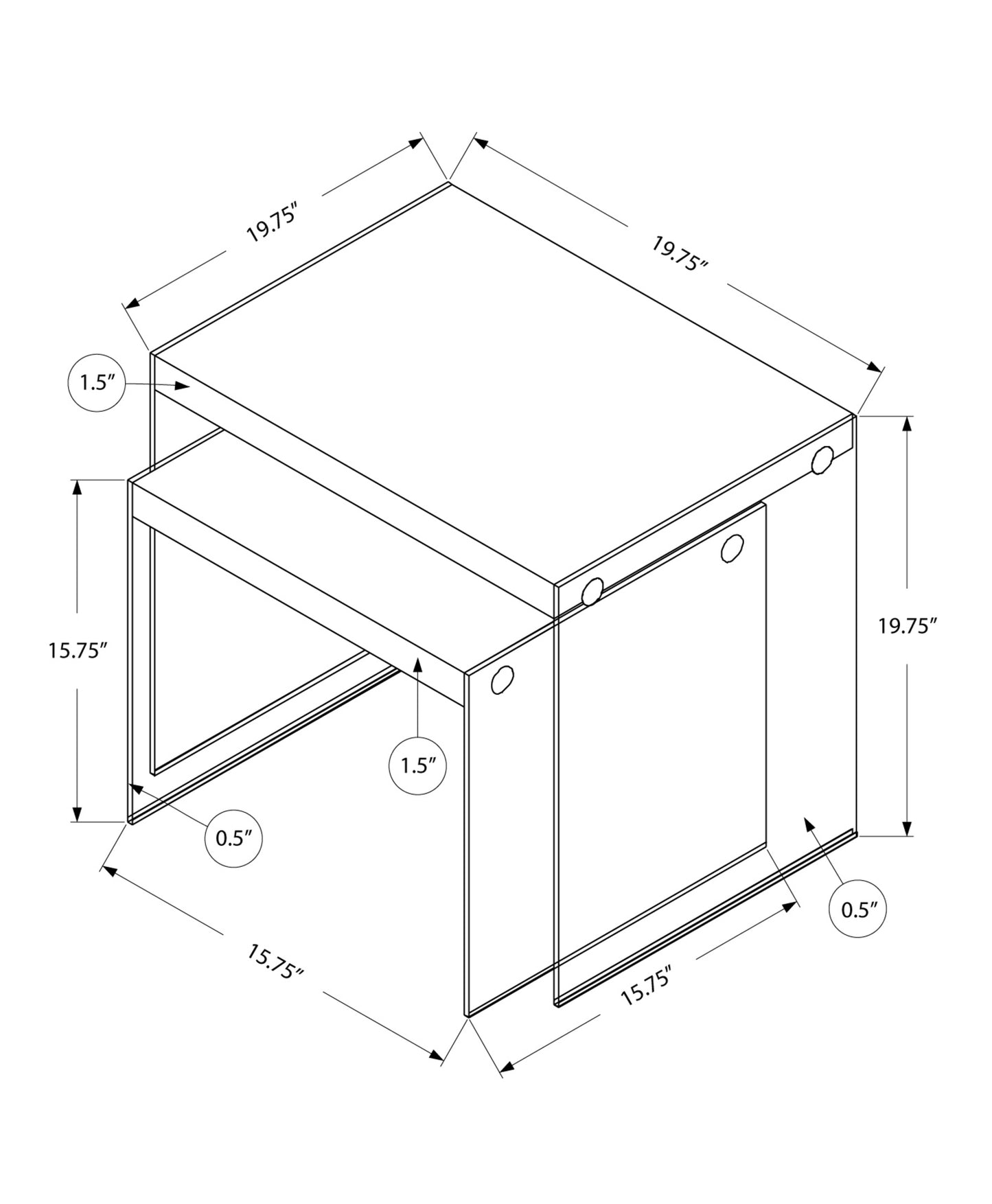 35.5" X 35.5" X 35.5" Dark Taupe Clear Particle Board Tempered Glass 2Pcs Nesting Table Set