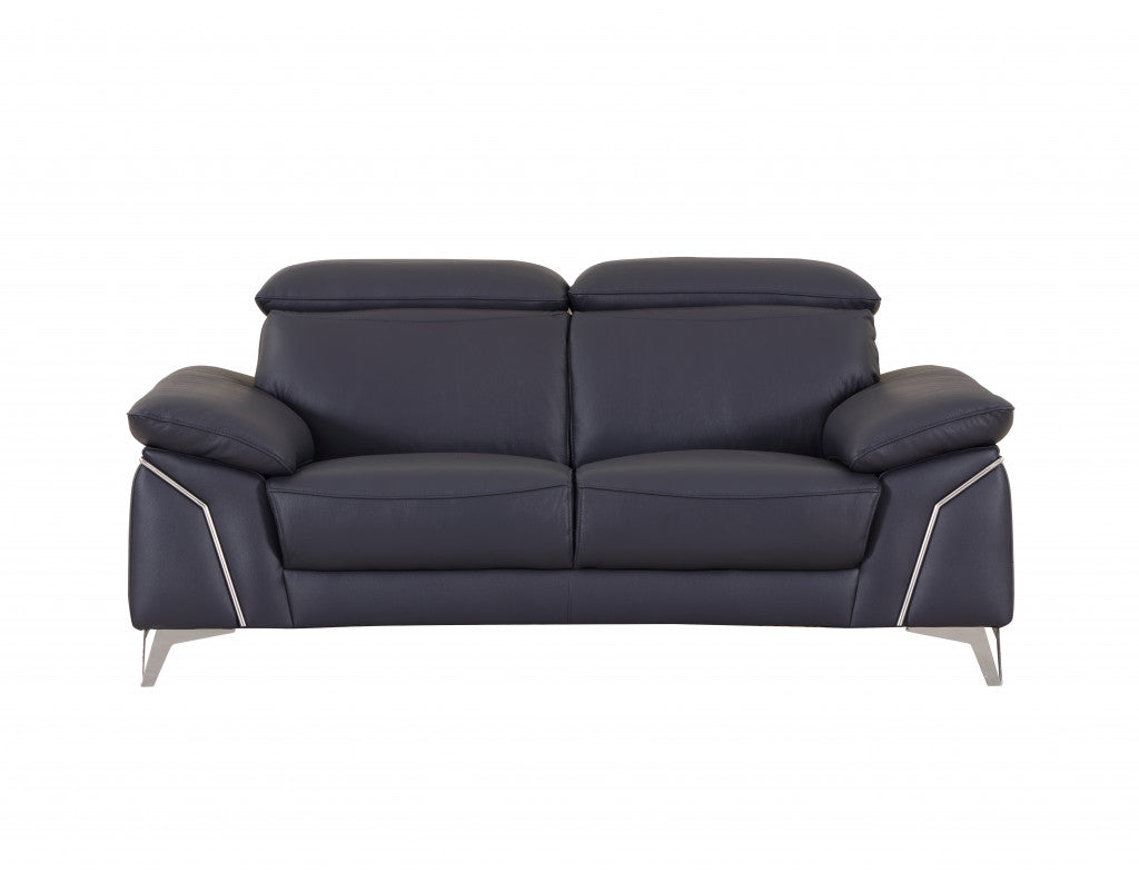 71" Navy Blue And Silver Genuine Leather Love Seat