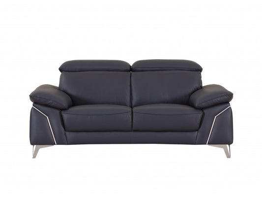 71" Navy Blue And Silver Genuine Leather Love Seat