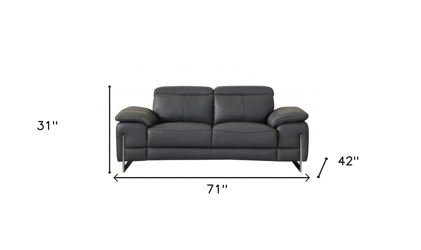 71" Gray And Silver Genuine Leather Love Seat