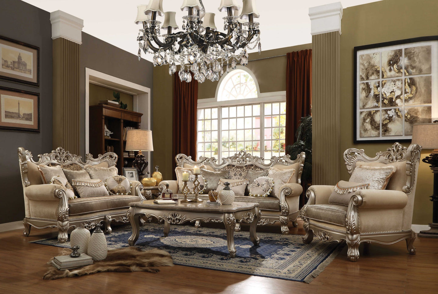 41" X 96" X 50" Fabric Champagne Upholstery Wood LegTrim Sofa w7 Pillows