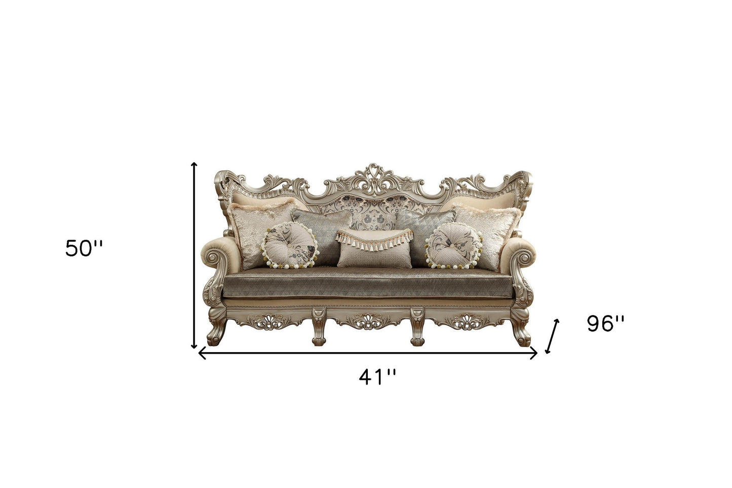 41" X 96" X 50" Fabric Champagne Upholstery Wood LegTrim Sofa w7 Pillows