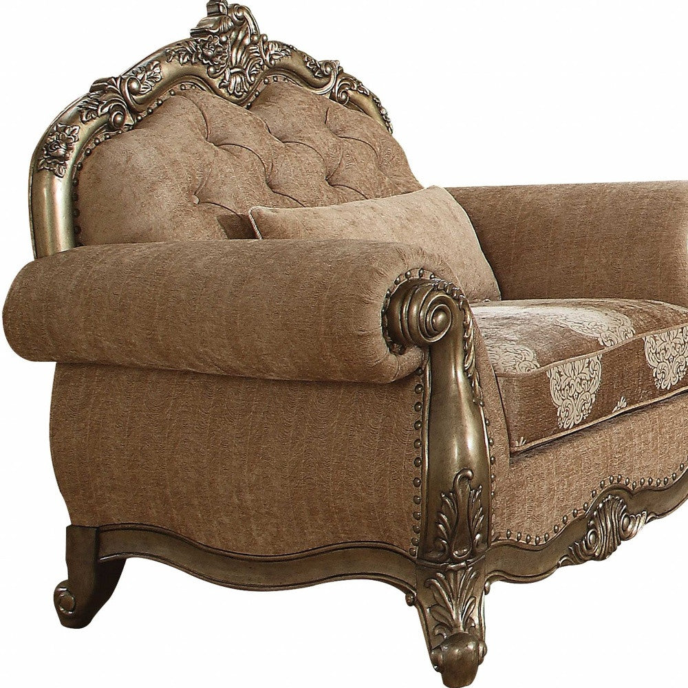 35" Brown and Champagne Linen Damask Tufted Arm Chair and Toss Pillow
