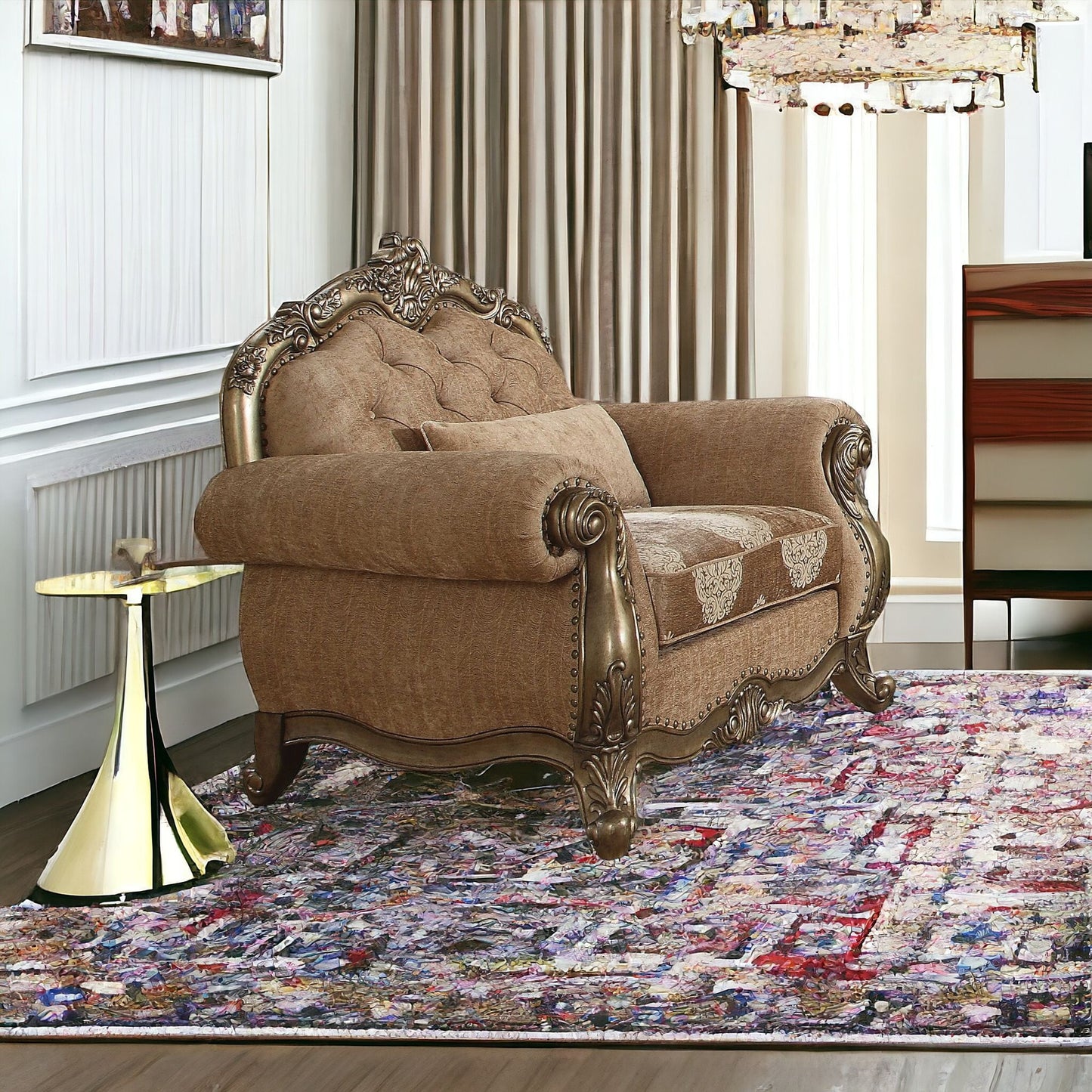 35" Brown and Champagne Linen Damask Tufted Arm Chair and Toss Pillow