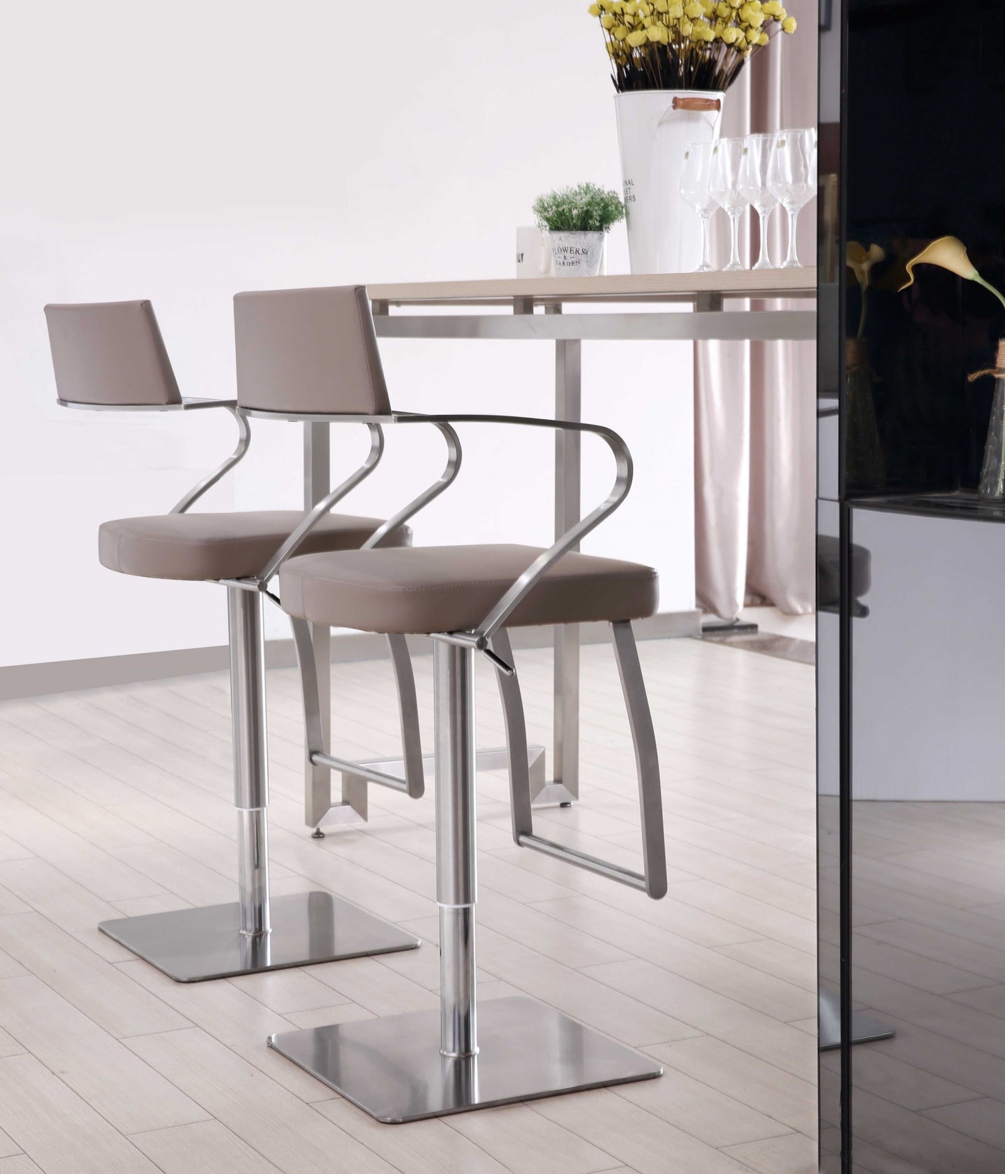 21" Taupe And Silver Stainless Steel Bar Chair