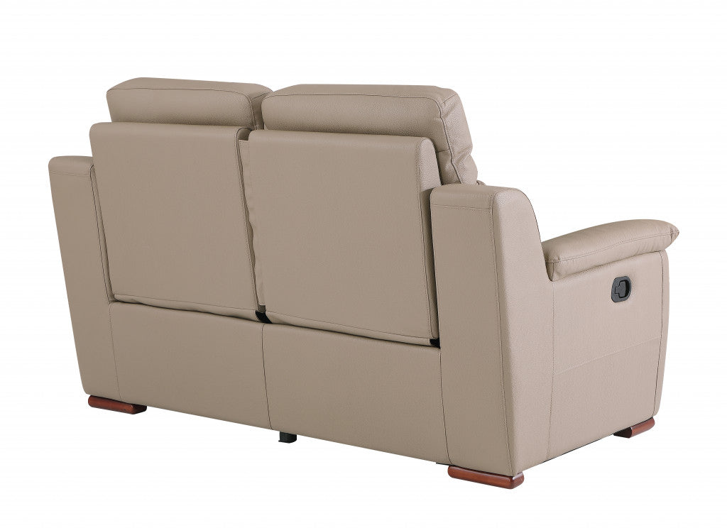67" Beige And Brown Faux Leather Manual Reclining Love Seat