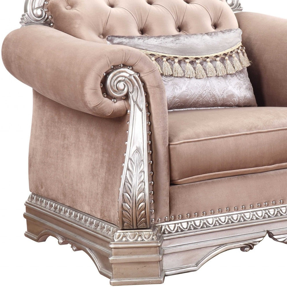 42" Cherry Blossom Pink And Gray Velvet Tufted Chesterfield Chair