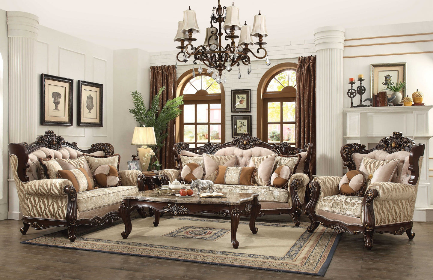36" Beige And Brown Fabric Damask Tufted Chesterfield Chair