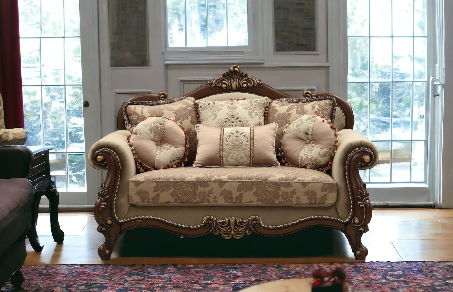 69" Beige and Gold And Brown Loveseat and Toss Pillows