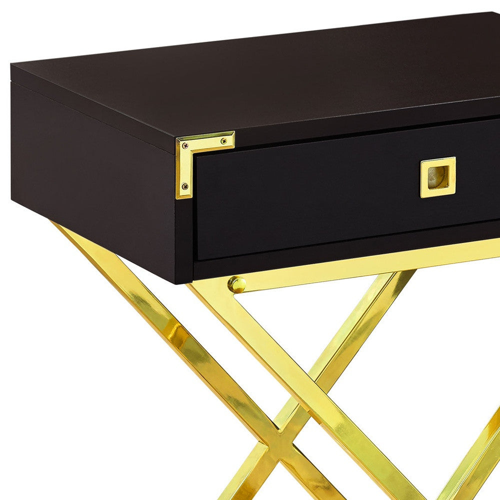 24" Gold And Dark Brown End Table With Drawer