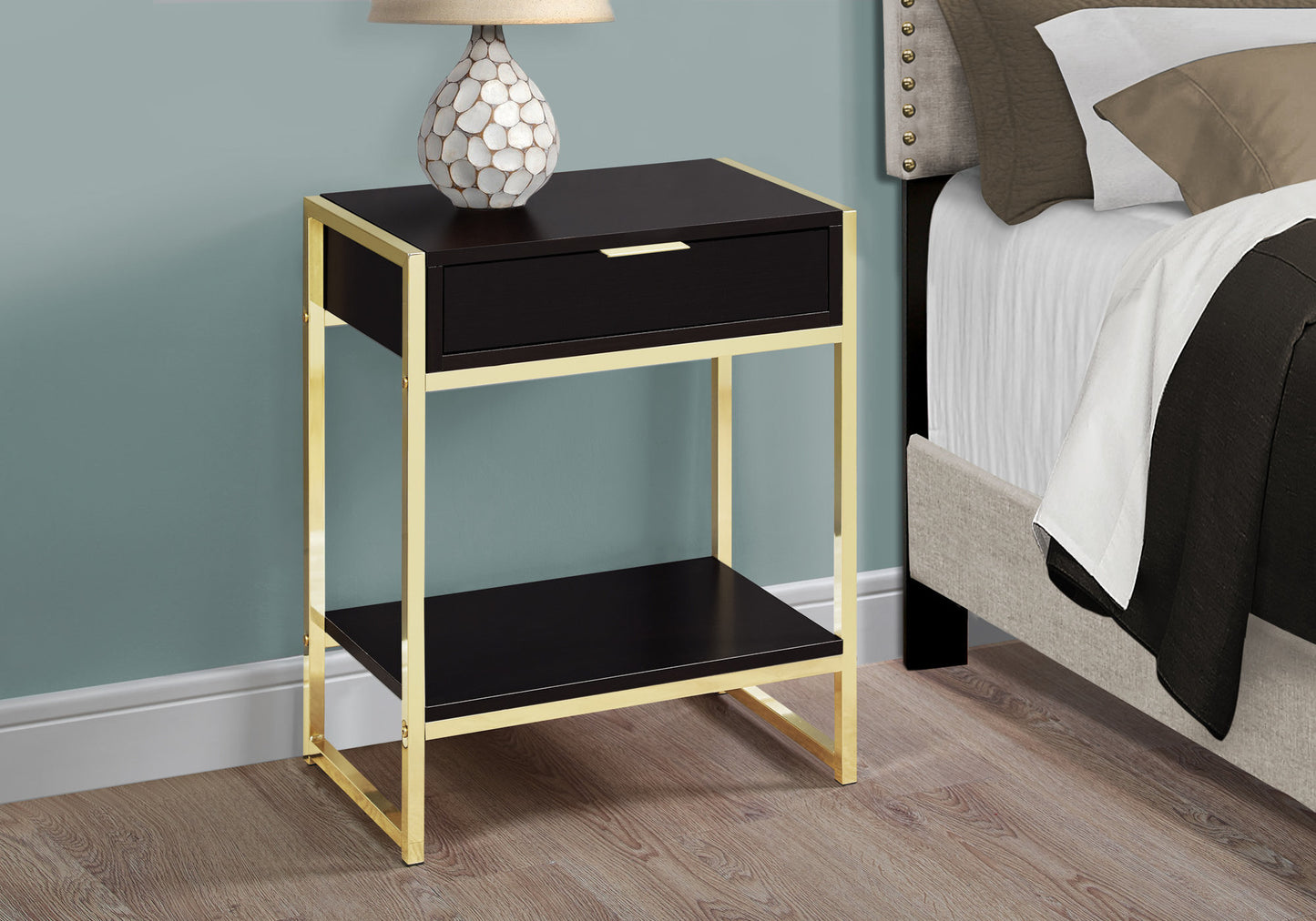 24" Gold And Dark Brown End Table With Drawer And Shelf