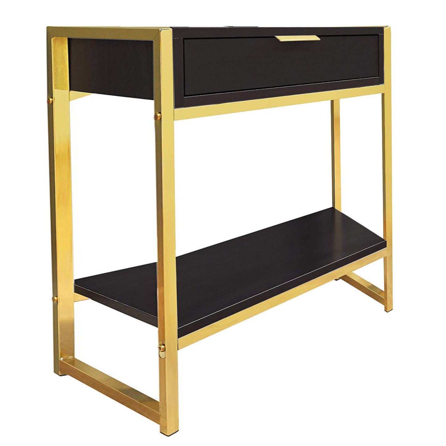 24" Gold And Dark Brown End Table With Drawer And Shelf