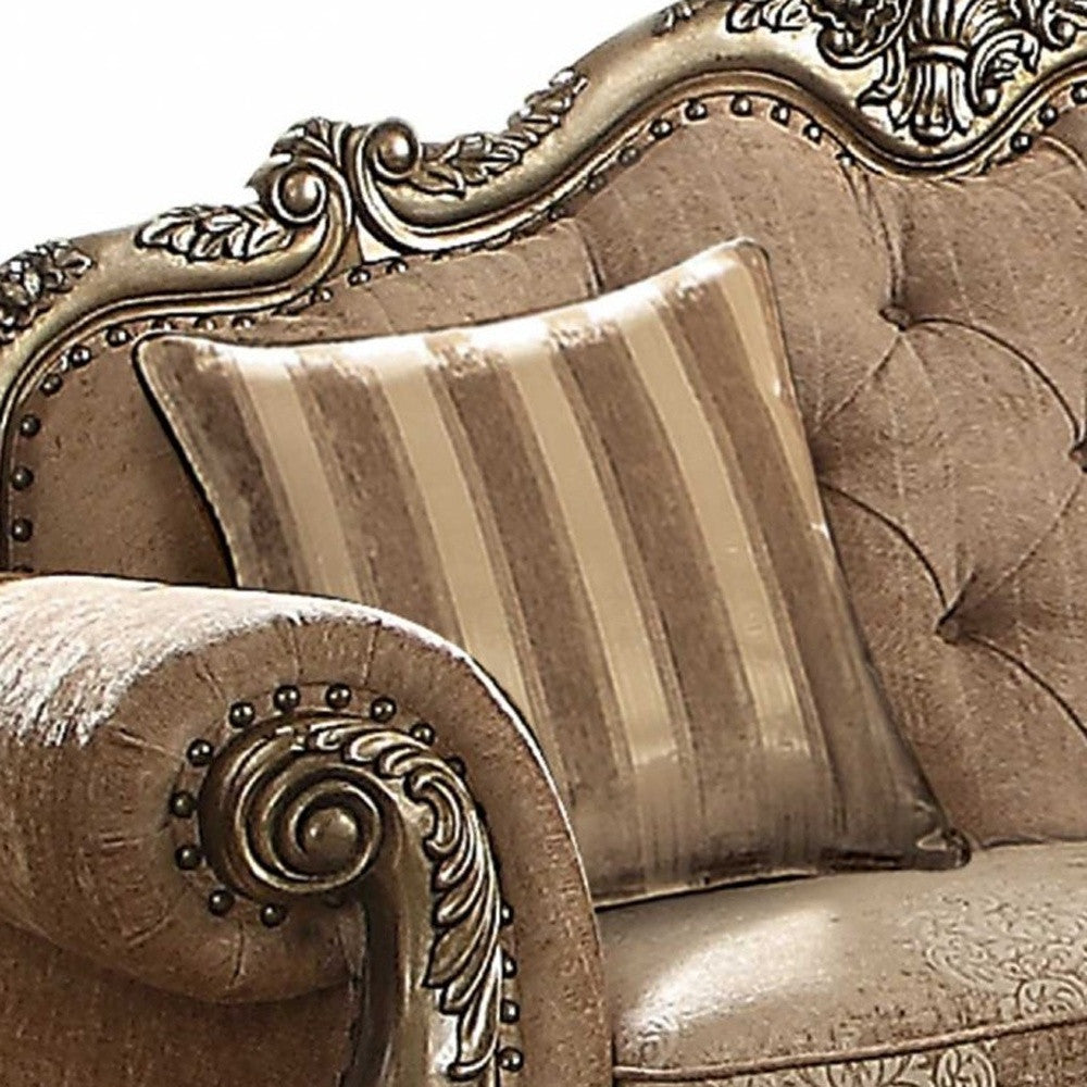 69" Brown And Platinum Damask Chesterfield Loveseat