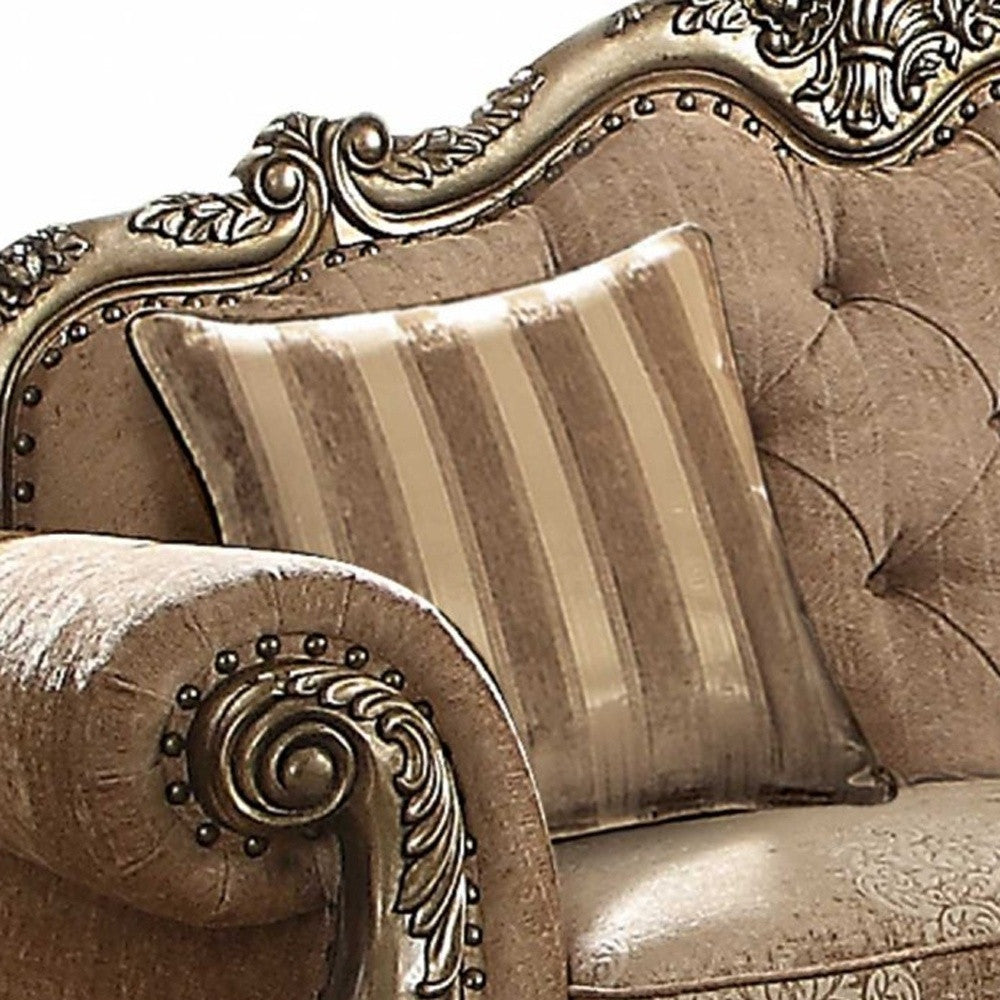 69" Brown And Platinum Damask Chesterfield Loveseat