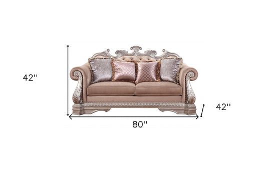 80" Champagne Velour Loveseat and Toss Pillows