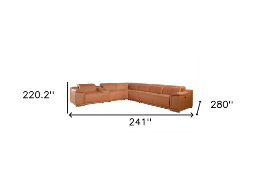 Camel Italian Leather Power Reclining U Shaped Seven Piece Corner Sectional With Console