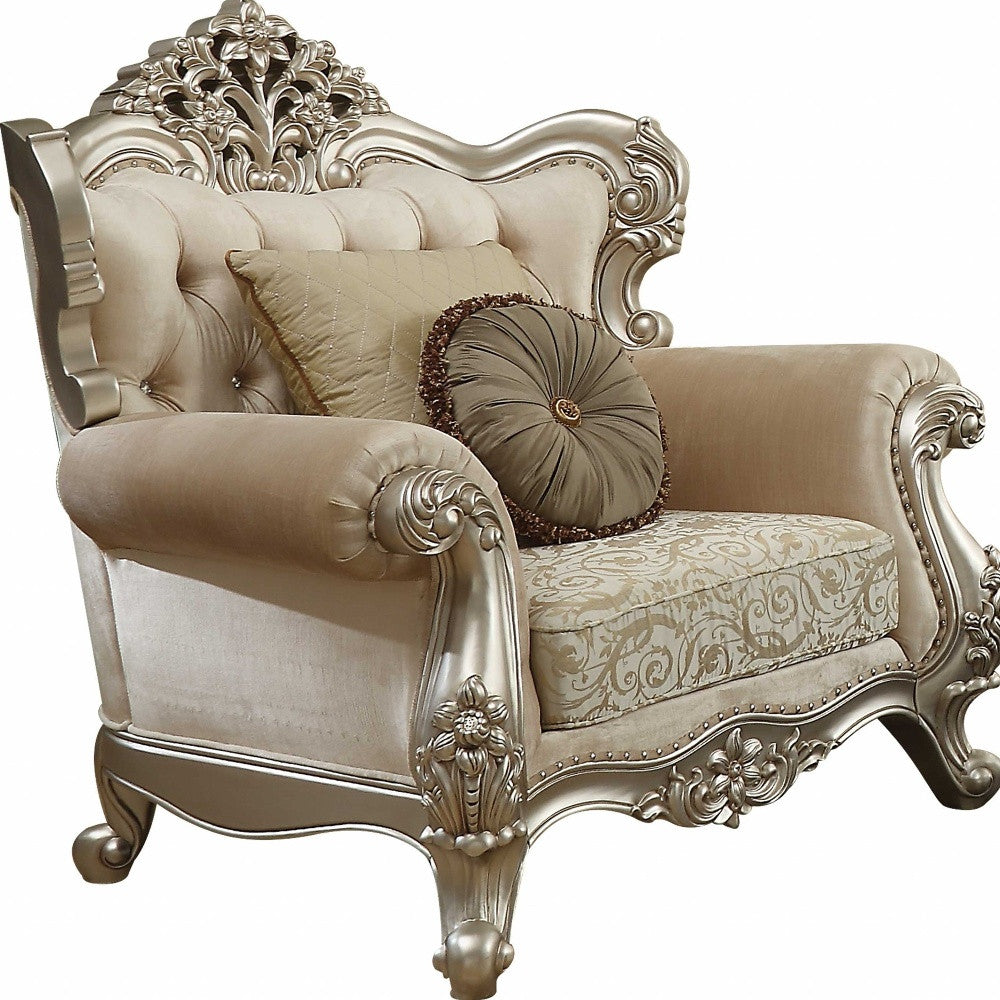39" X 50" X 49" Fabric Champagne Upholstery Wood Legtrim Chair W2 Pillows