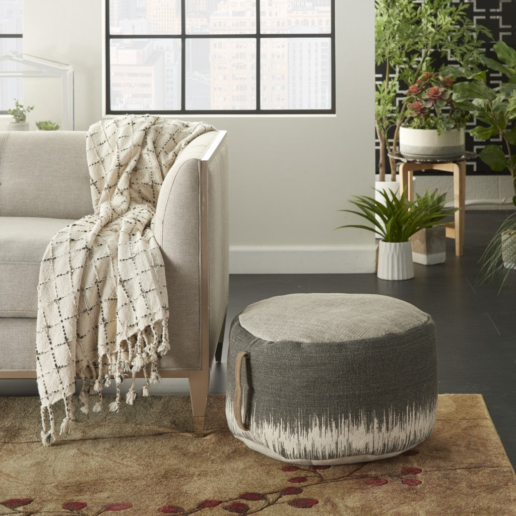 20" Charcoal Cotton Abstract Pouf Ottoman