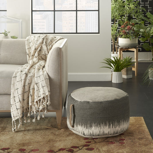 20" Charcoal Cotton Abstract Pouf Ottoman