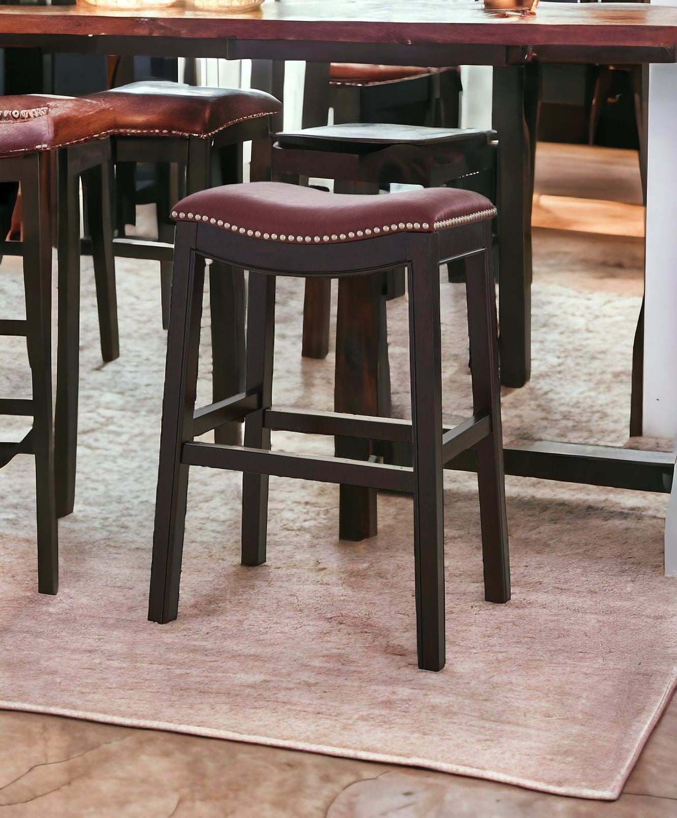 26" Dark Red And Espresso Solid Wood Backless Counter Height Bar Chair