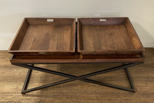 Modern Black Iron X Leg Wood Tray Coffee Table