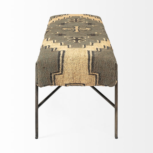 55" Green and Brown and Black Upholstered Cotton Blend Abstract Bench