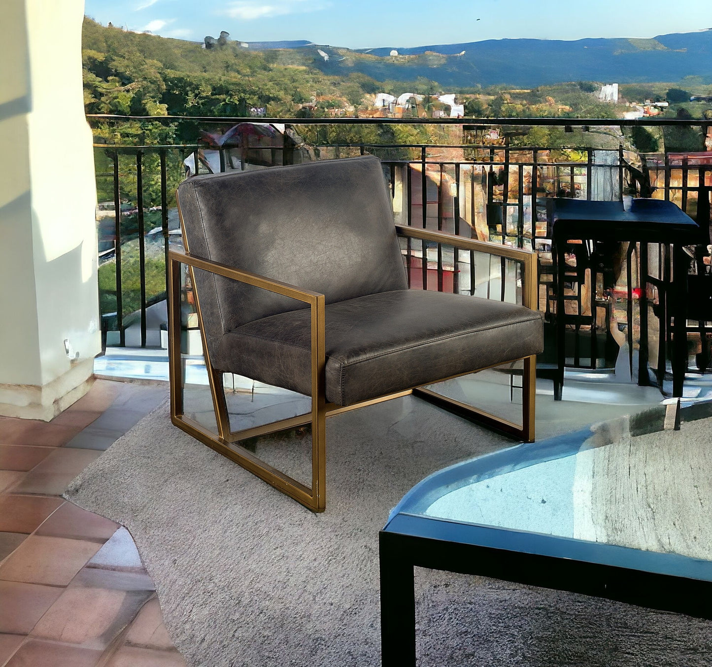 Black Leather Seat Accent Chair With Gold Metal Frame