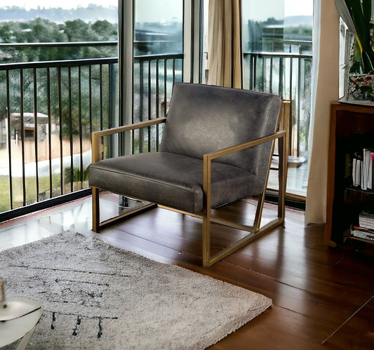 Black Leather Seat Accent Chair With Gold Metal Frame