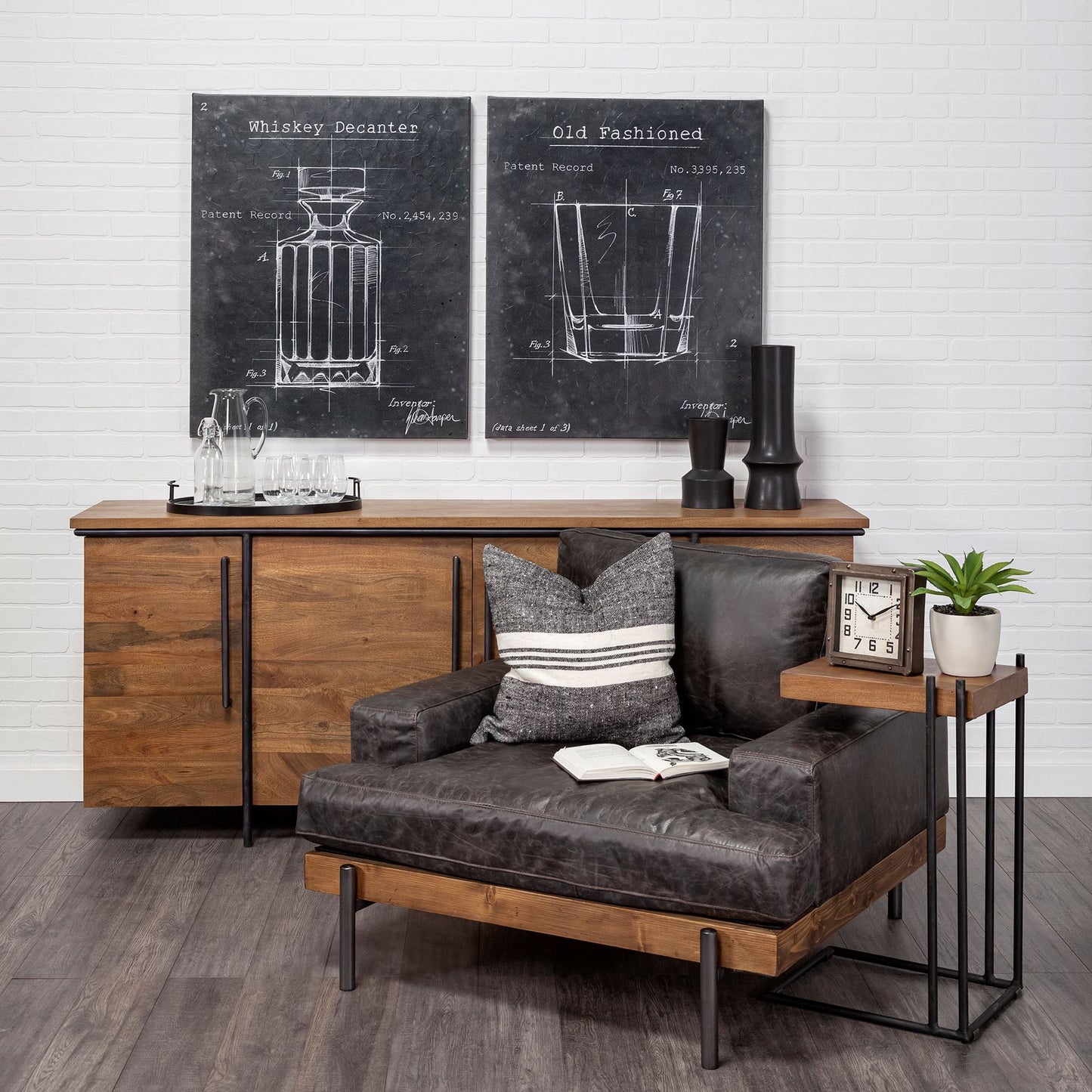 L-Shaped Medium Brown Wood Side Table With Black Metal Frame