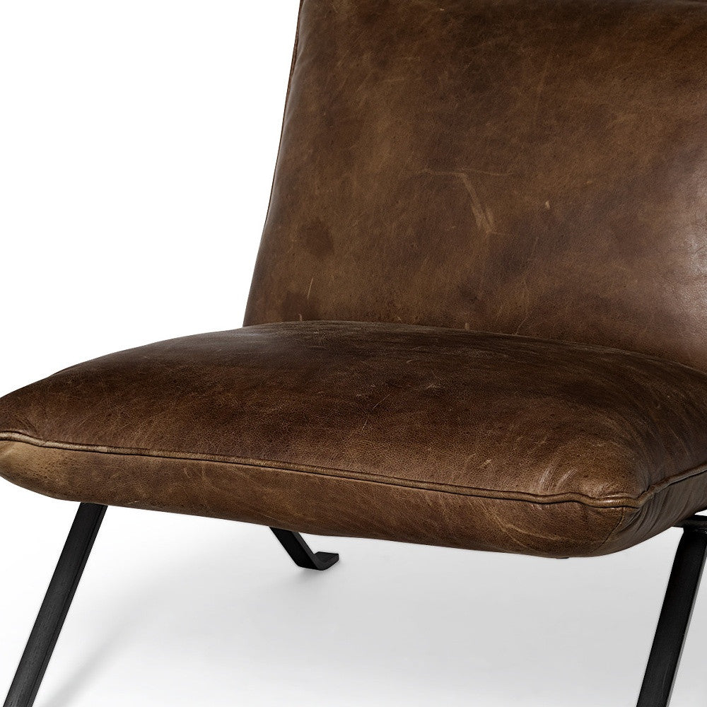 Medium Brown Leather Cushion Seat Accent Chair Solid Iron Base