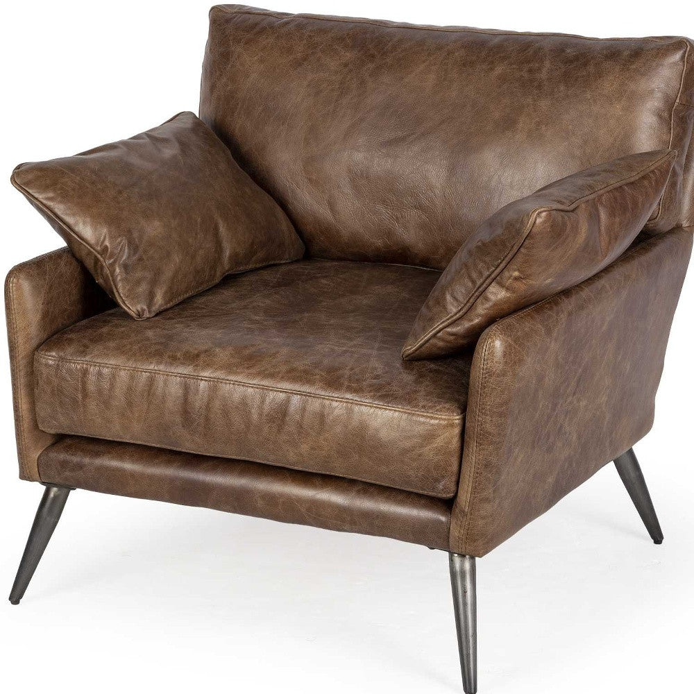 33" Brown And Silver Faux Leather Distressed Arm Chair