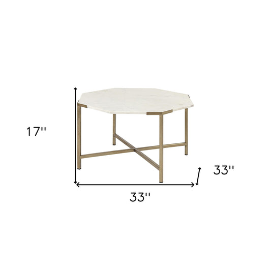 33" White And Gold Genuine Marble And Metal Hexagon Coffee Table