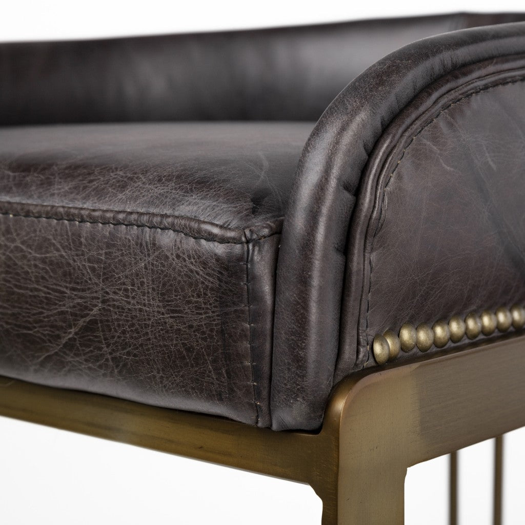 29" Brown Leather And Steel Low back Bar Chair